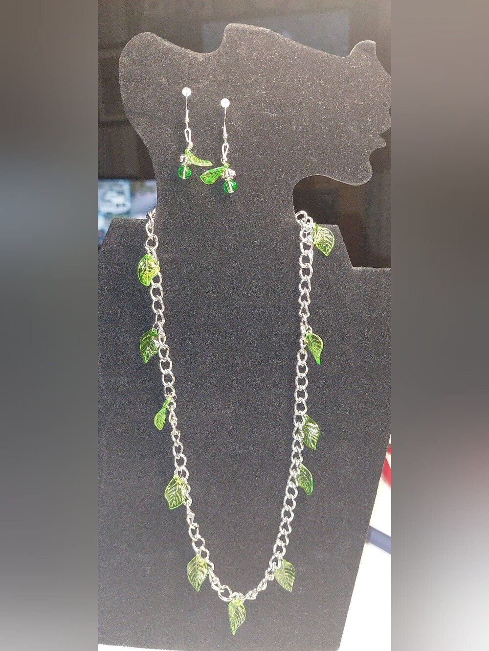 Handmade Green Leaf Charm Necklace and Earrings Set
